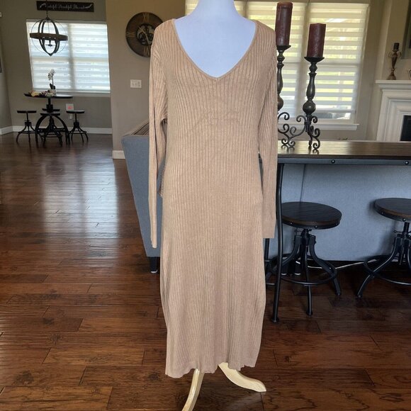Sofia Vergara Dress Women's XXXL Tan Ribbed Midi Cut Out Back Opening 3X Plus - Picture 4 of 16